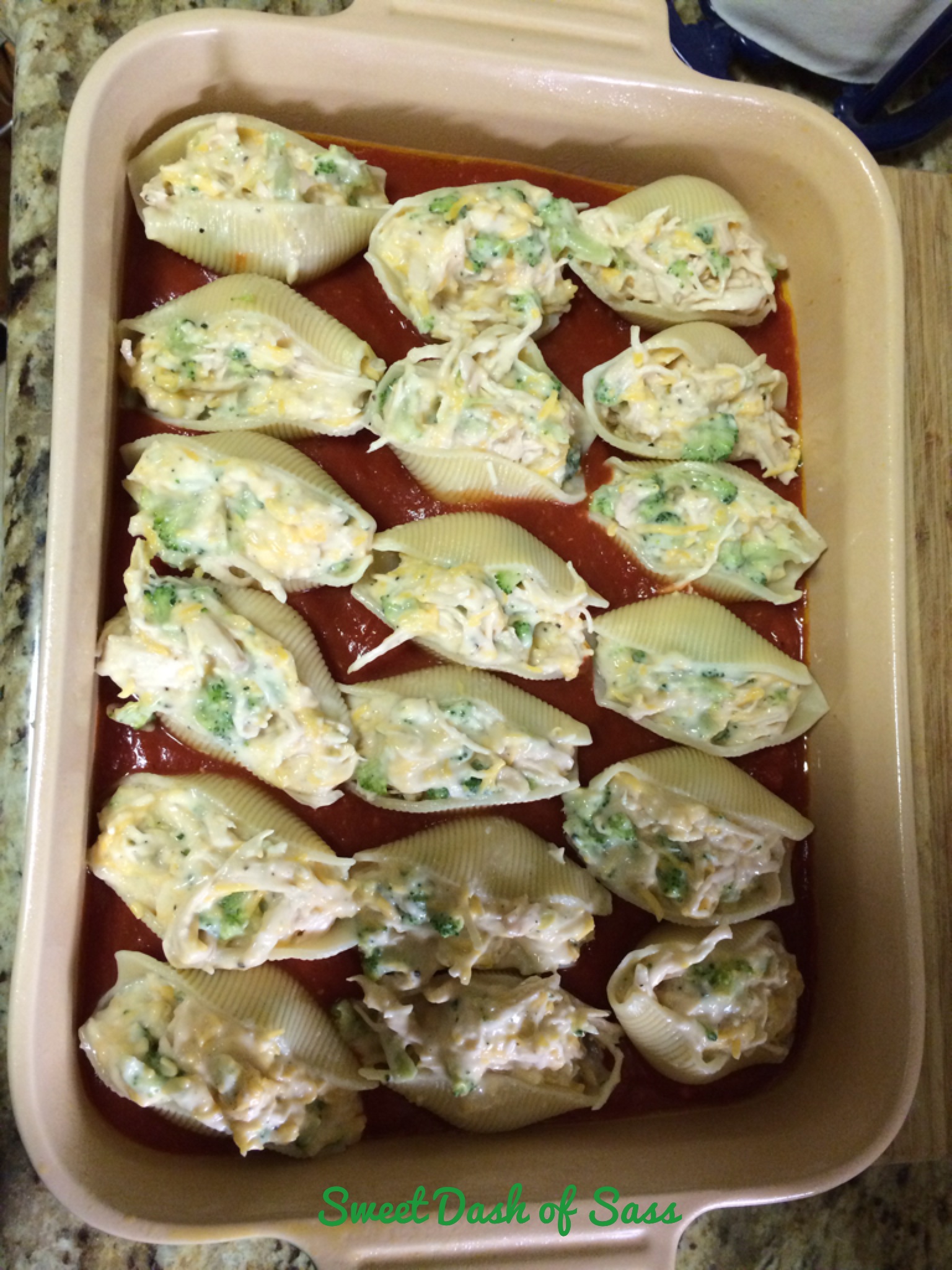 Chicken Brocolli Alfredo Stuffed Shells - www.sweetdashofsass.com - Check out and 'LIKE' Sweet Dash of Sass on Facebook for this recipe and many more!
