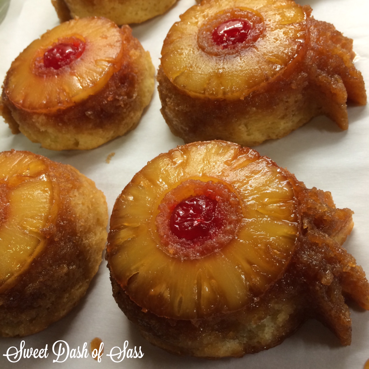 Pineapple Upside Down Cake - www.SweetDashofSass.com -- Also, check out an LIKE Sweet Dash of Sass on Facebook for more recipes/tips!